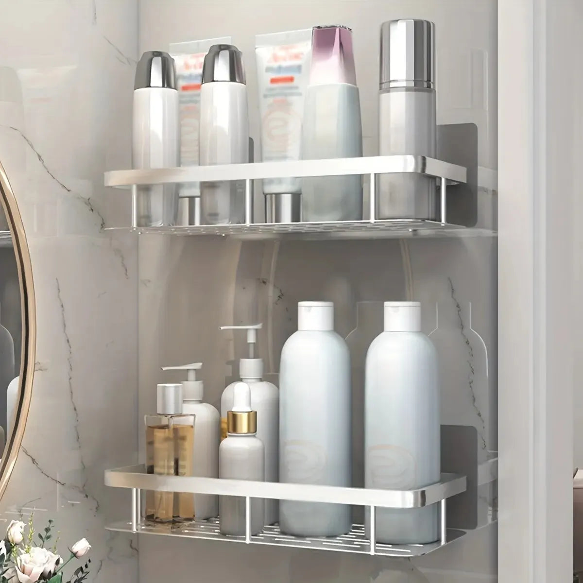 No-Drill Corner Shower Shelf - Wall Mount Rack, Shampoo Holder, Punch-Free Install for Bathroom & WC, Everstock