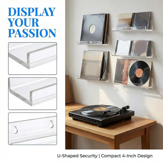 Acrylic Record Display Stand - Clear 4 Inch Wall-Mounted Ledge for Small Albums, CDs and Art Cards, Everstock