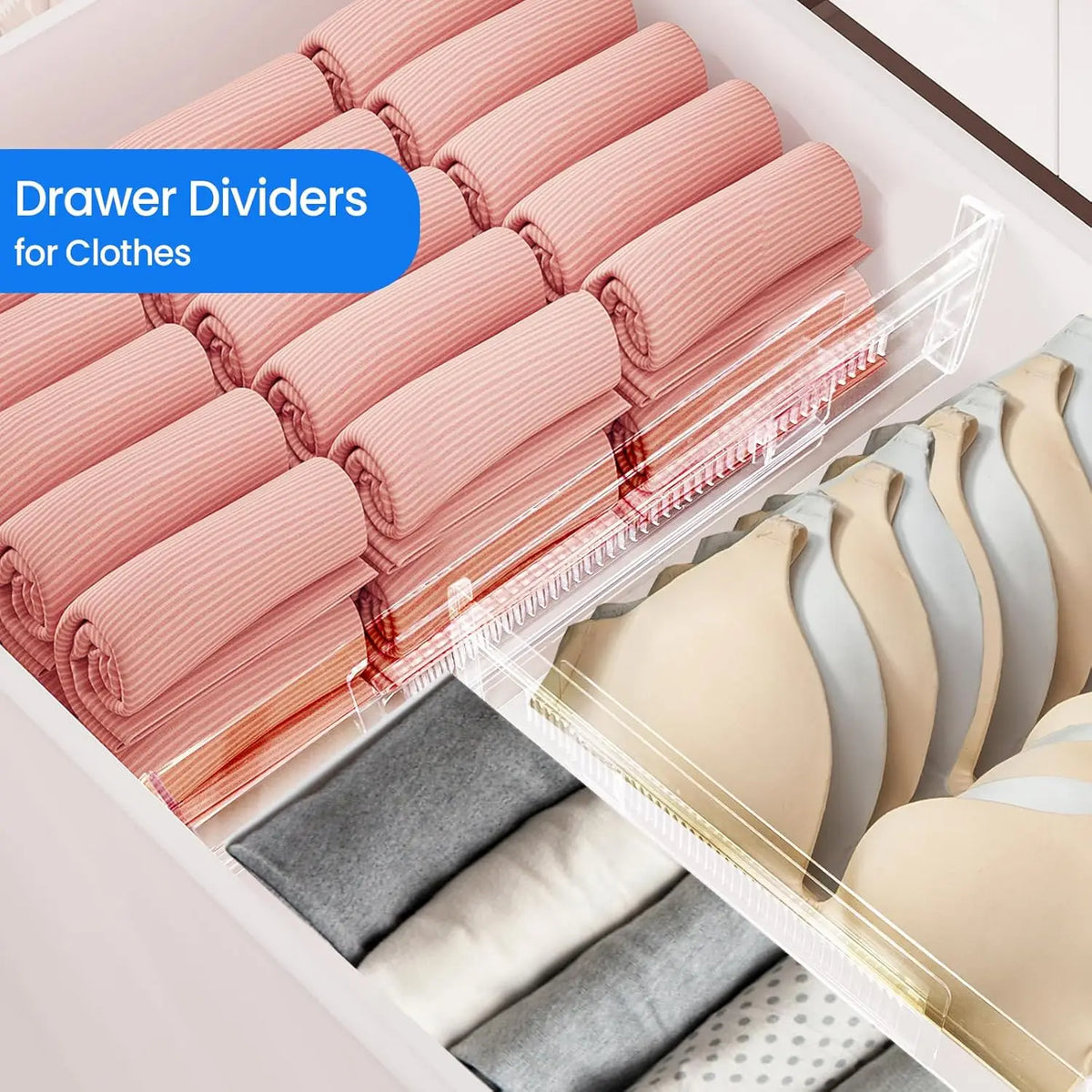 Expandable Drawer Dividers 4 Pack - Adjustable Plastic Drawer Organizer for Dresser, Kitchen & Office, Everstock