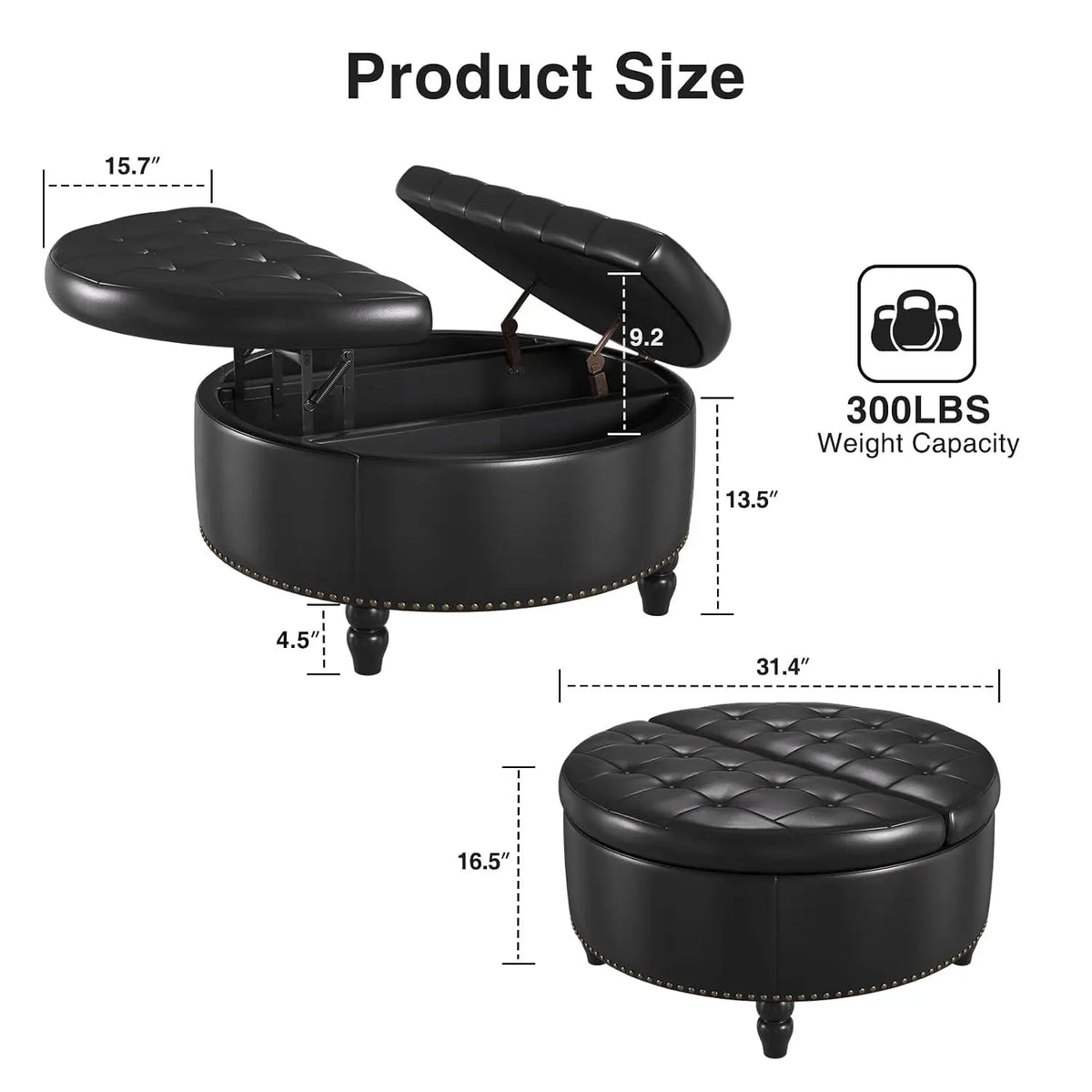 Round Lift-Top Storage Ottoman - PU Leather Coffee Table with Button-Tufted Seat and Wooden Legs for Living Room, Everstock