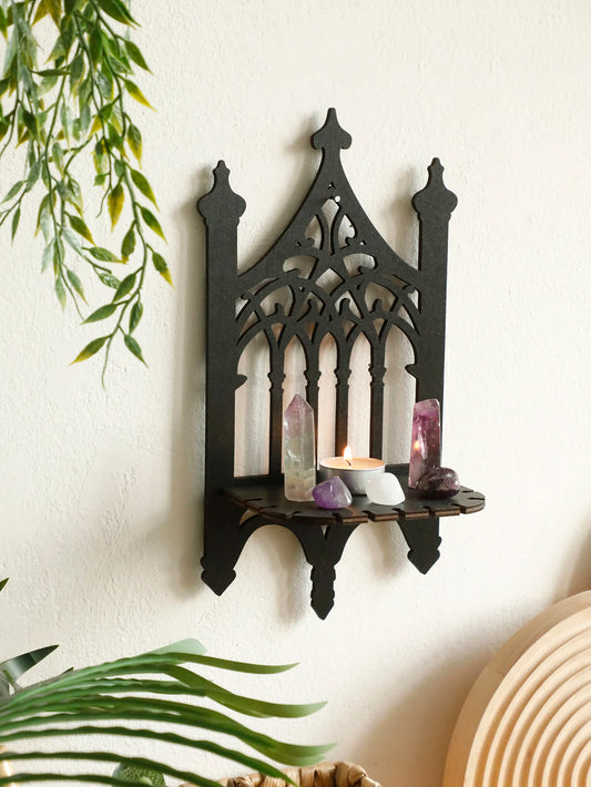 Gothic Fence Wall Shelf - Black Hollow Wood Hanging Ledge for Crystals and Vintage Room Decor, Everstock