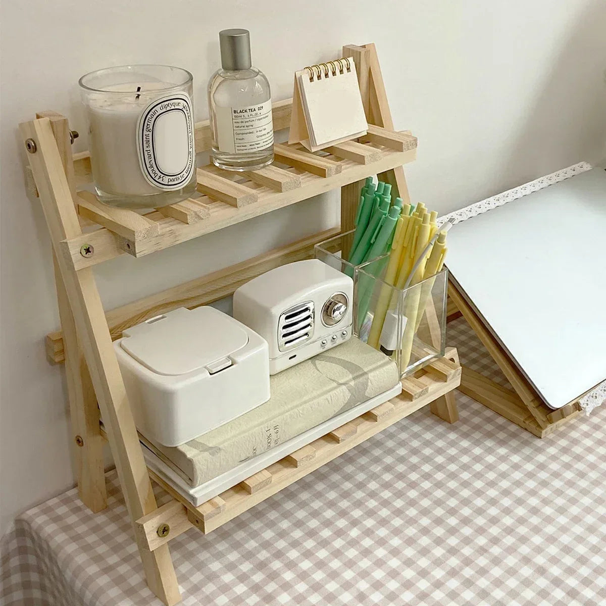Wooden Desk Organizer Shelf - 2-Tier Folding Wood Storage Rack for Stationery, Books & Dorm Desktops, Everstock