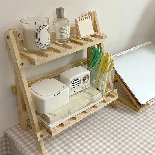 Wooden Desk Organizer Shelf - 2-Tier Folding Wood Storage Rack for Stationery, Books & Dorm Desktops, Everstock