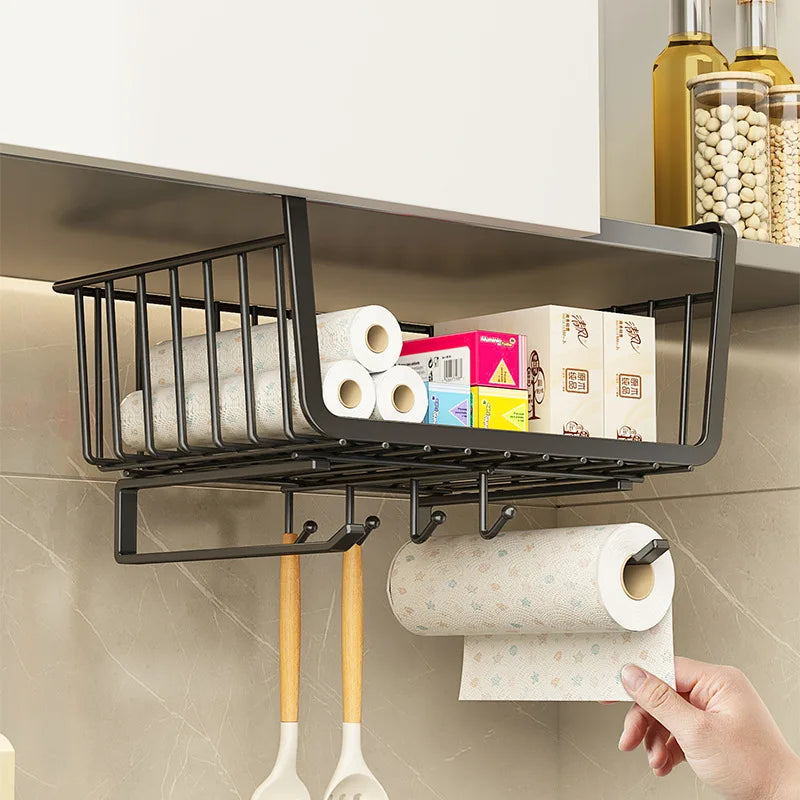 Under-Cabinet Hanging Basket - Metal Storage Organizer with 4 Hooks for Paper Towels, Mugs & Utensils, Everstock