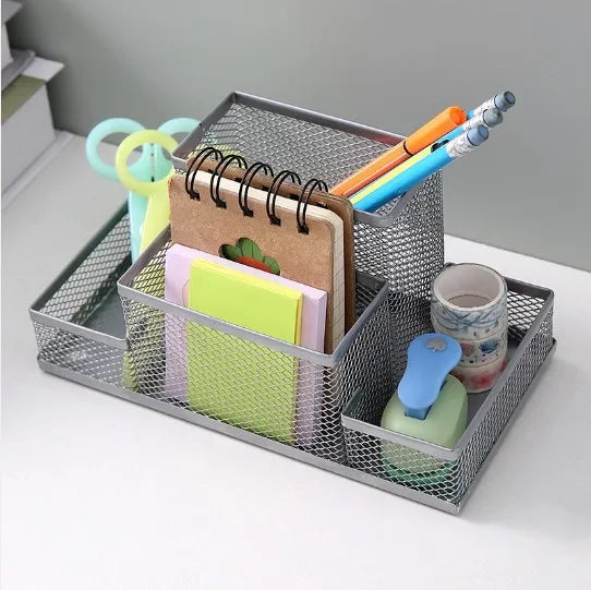 Mesh Desk Organizer Caddy - Black Metal 3-Compartment Pencil Holder with Storage Baskets for Desktop Supplies, Everstock