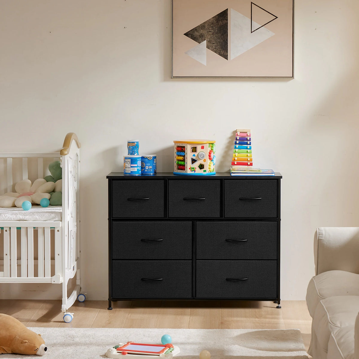 7-Drawer Fabric Dresser - Wood Top Chest of Drawers with Metal Frame for Living Room, Bedroom & Entryway Storage, Everstock