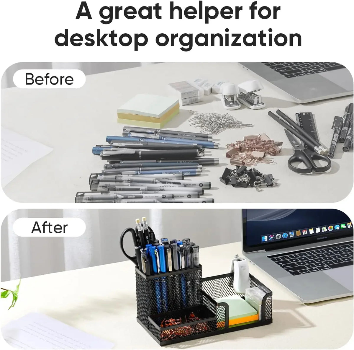 Metal Mesh Pencil Holder Caddy - 3-Compartment Black Desk Organizer with Storage Baskets for Stationery, Everstock