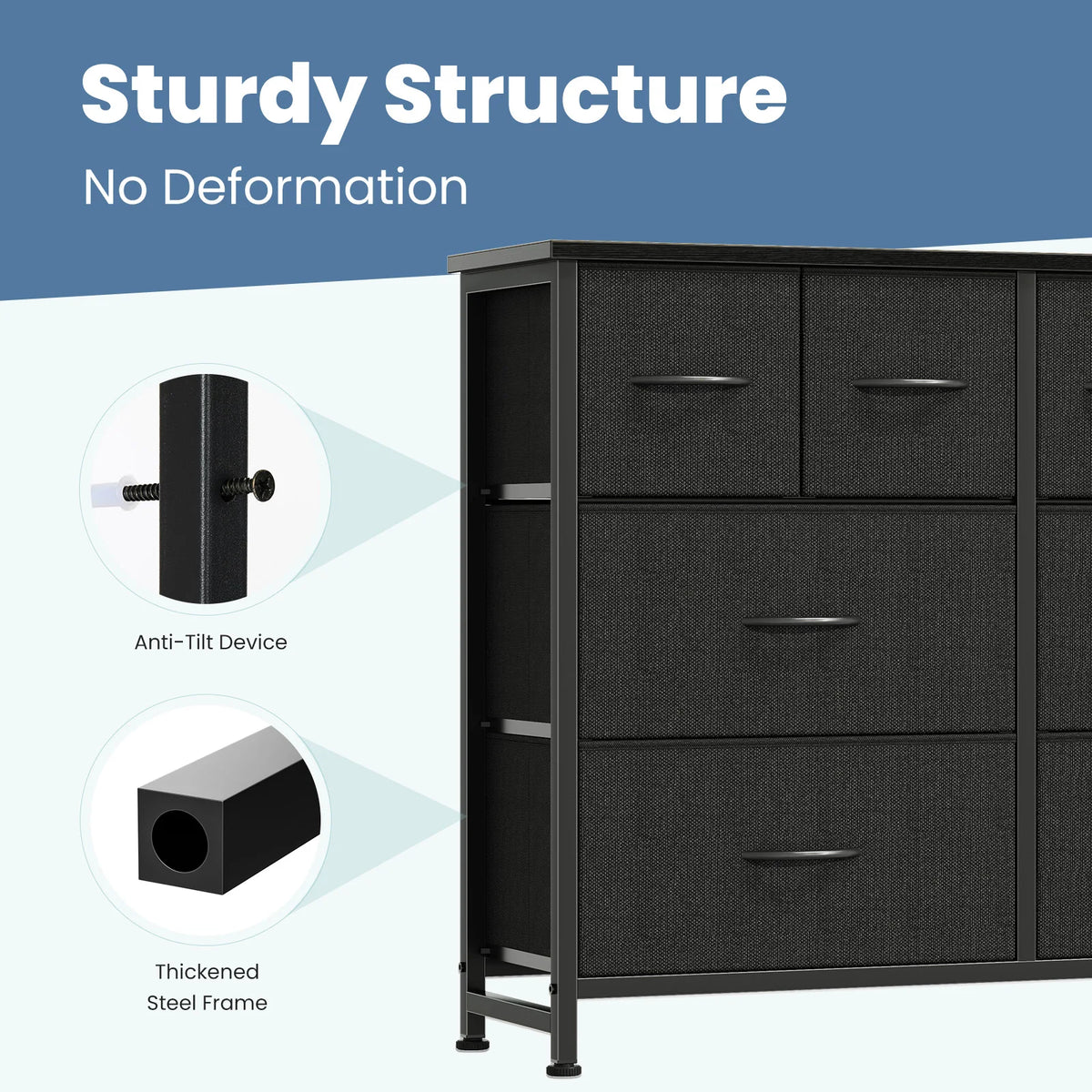 Wide Fabric Dresser & TV Stand - 63-Inch Storage Tower with Wood Top, Metal Frame and Deep Fabric Drawers, Everstock