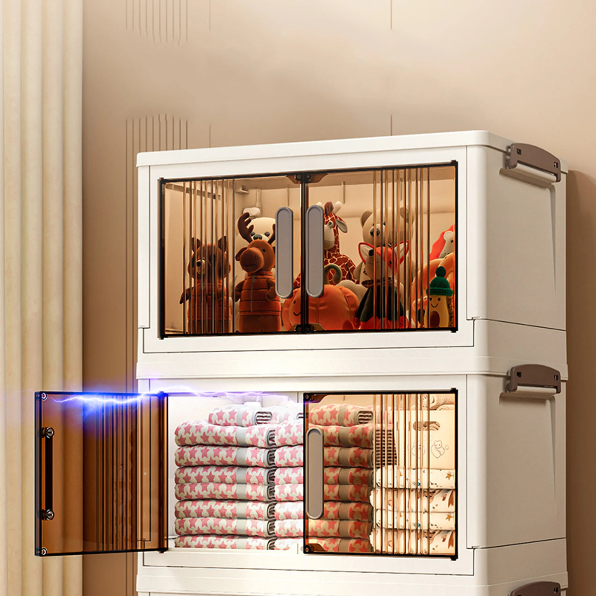 Foldable Storage Cabinet with Doors - Stackable Plastic Organizer Unit, 40cm, 2 to 5 Tiers, for Snacks, Clothes & Toys, Everstock