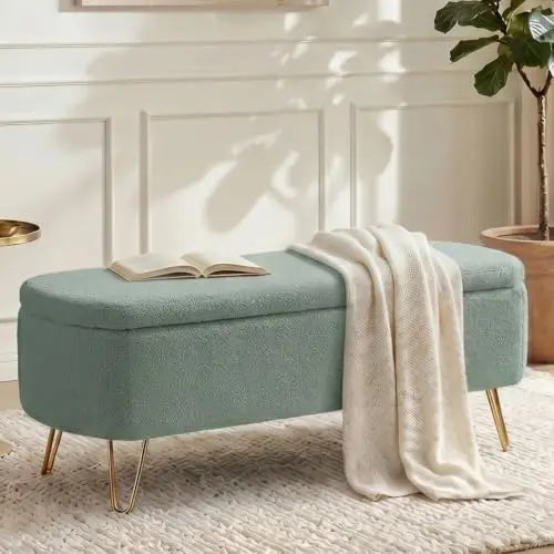 Storage Ottoman Bench - Boucle Upholstered Entryway Seat with Gold Metal Legs, 300lb Capacity, 38.97in Wide, Everstock
