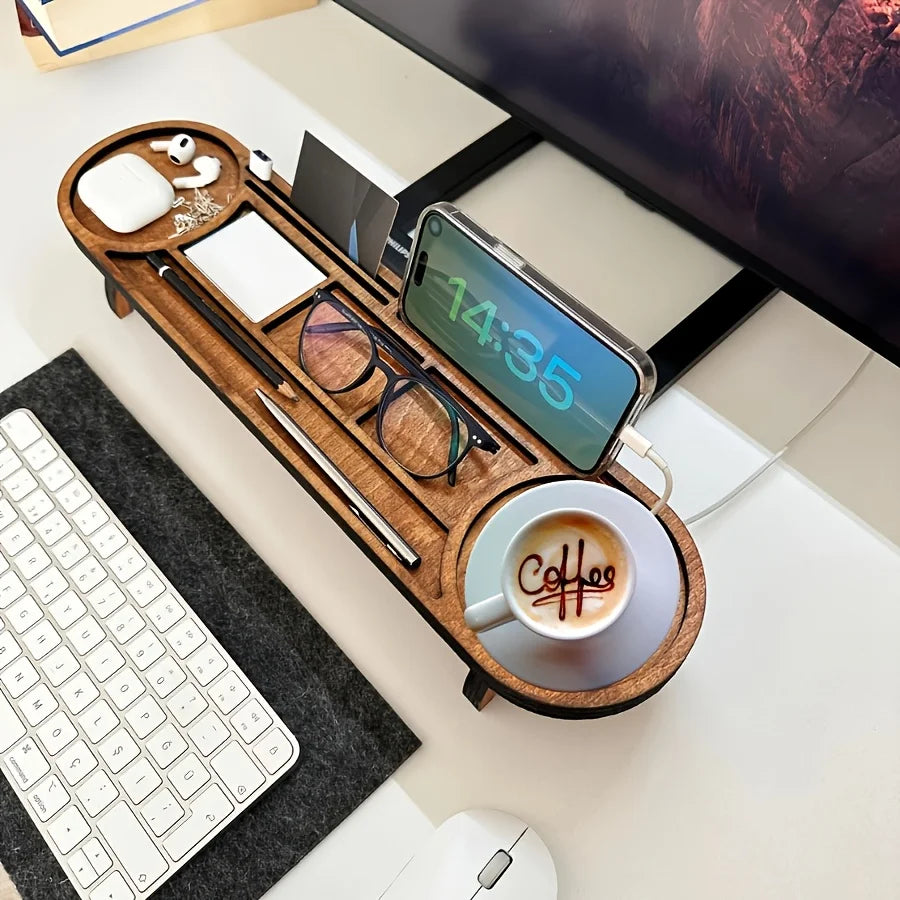 Wooden Desk Organizer with Pen Holder - Natural Wood Multi-Compartment Caddy with Elevated Stand for Stationery, Everstock