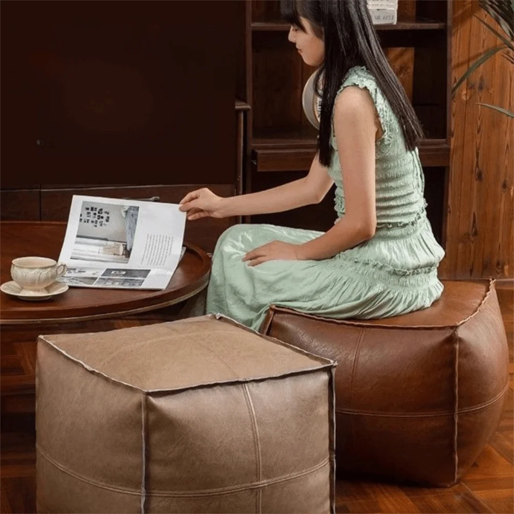 Storage Ottoman Pouf, Unfilled - Waterproof PU Leather Floor Stool Cover, 40 x 40cm, in 6 Colours, Everstock