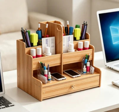 Wooden Desk Organizer with Drawer - Large Capacity Pen Holder and Stationery Storage Box for a Home Office Desk, Everstock
