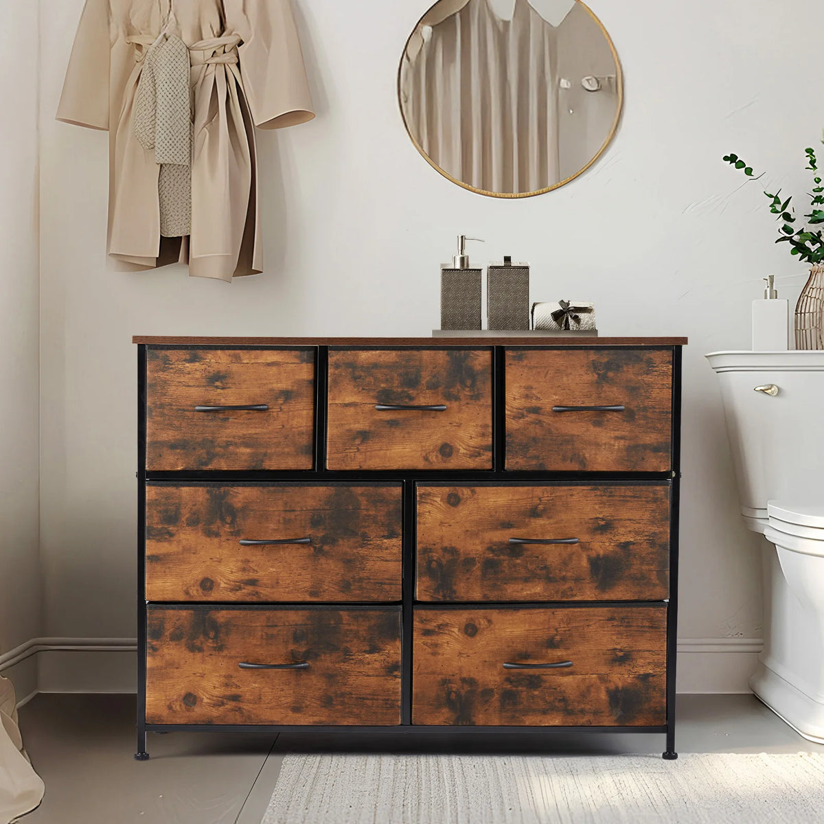 Fabric Storage Chest with 7 Drawers - Wood-Top Storage Tower on Adjustable Feet for Clothes, Toys & Media, Everstock