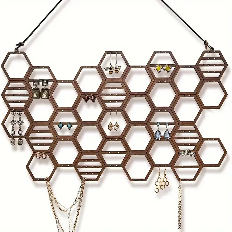 Honeycomb Earring Organizer - Wall-Mounted Wooden Jewelry Display Rack for Bedroom & Vanity, Everstock