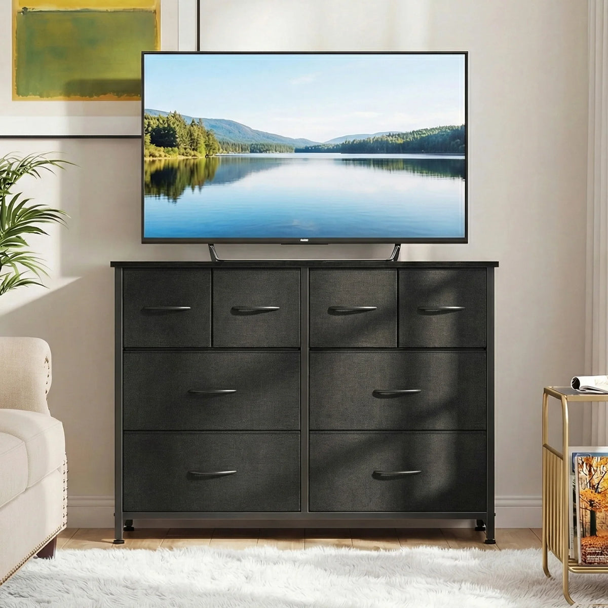 Wide Fabric Dresser & TV Stand - 63-Inch Storage Tower with Wood Top, Metal Frame and Deep Fabric Drawers, Everstock