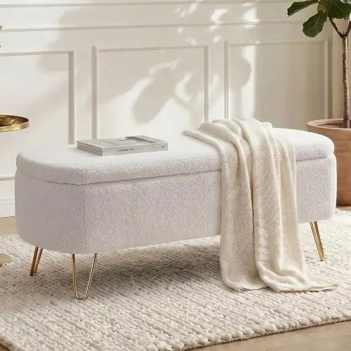 Storage Ottoman Bench - Boucle Upholstered Entryway Seat with Gold Metal Legs, 300lb Capacity, 38.97in Wide, Everstock