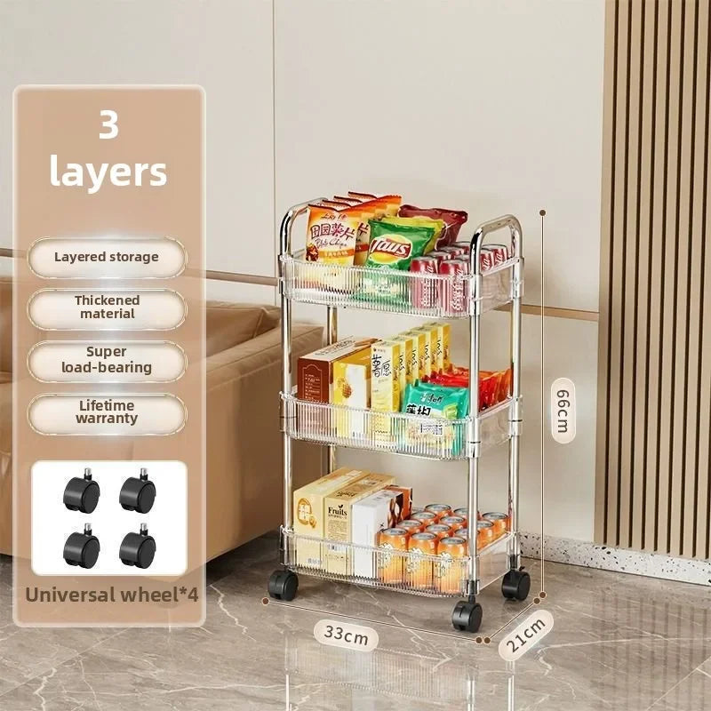 3-Tier Rolling Cart - Clear Plastic Storage Trolley on Wheels for Living Room, Bedroom and Home Office, Everstock