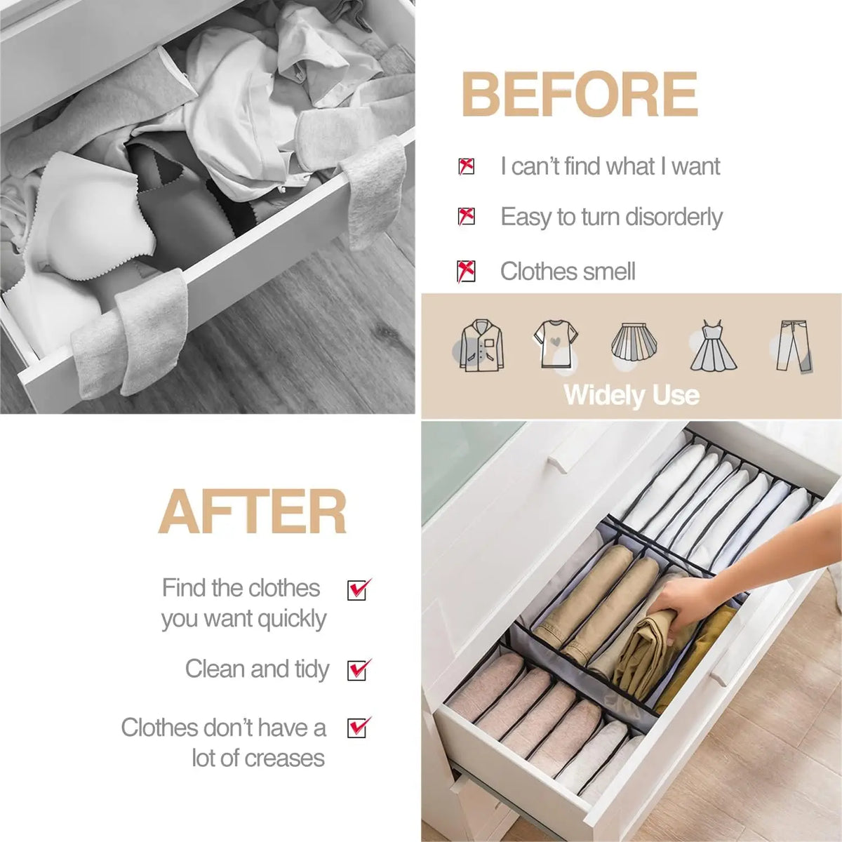 Wardrobe Clothes Organizer with 7 Grids - Washable Foldable Mesh Drawer Box for Underwear, Socks & Scarves, Everstock