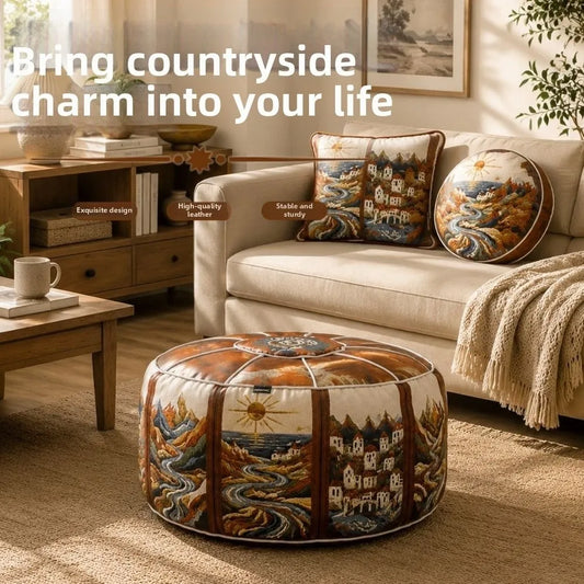 Round Storage Ottoman Pouf Cover - Fillable PU Leather Floor Seat with Boho Pattern, 53 x 35cm, Everstock