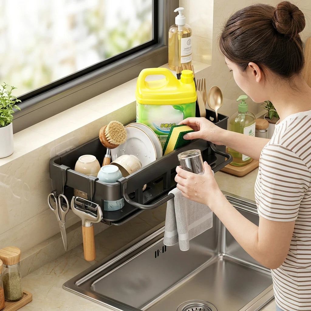 Sink Caddy Organizer - 304 Stainless Steel Drainage Rack for Sponges, Brushes & Dish Soap, Kitchen Sink, Everstock