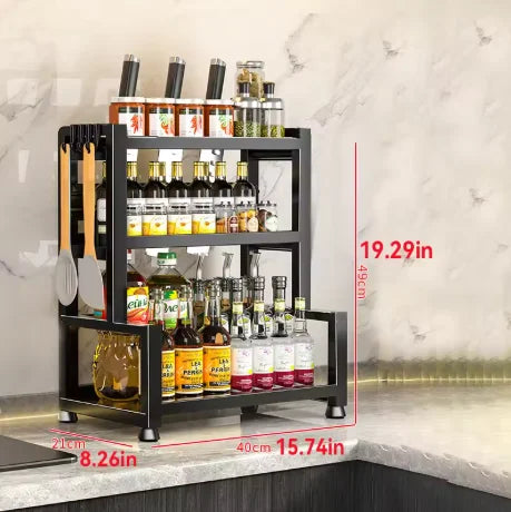 Countertop Spice Shelf - 3-Tier Steel Rack with Knife Slot and Hanging Hooks for Kitchen Storage, Everstock