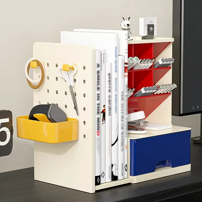 Desk Organizer with Retractable Bookend - Plastic Multi-Compartment Pen Holder and Hanging Storage Board, Everstock
