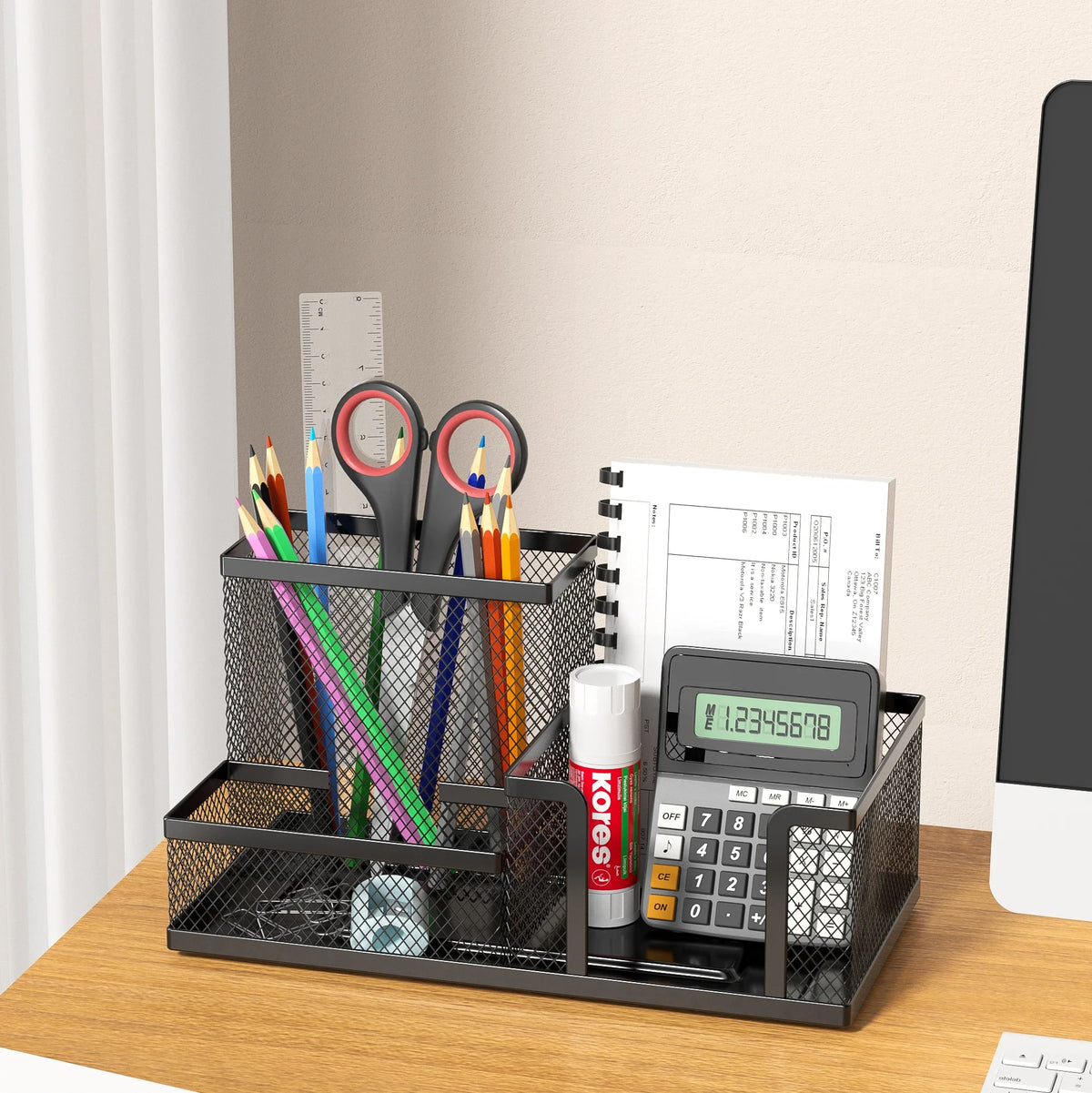 Mesh Desk Caddy - Black Metal Organizer with 3 Compartments and a Built-In Pencil Holder for Office Supplies, Everstock