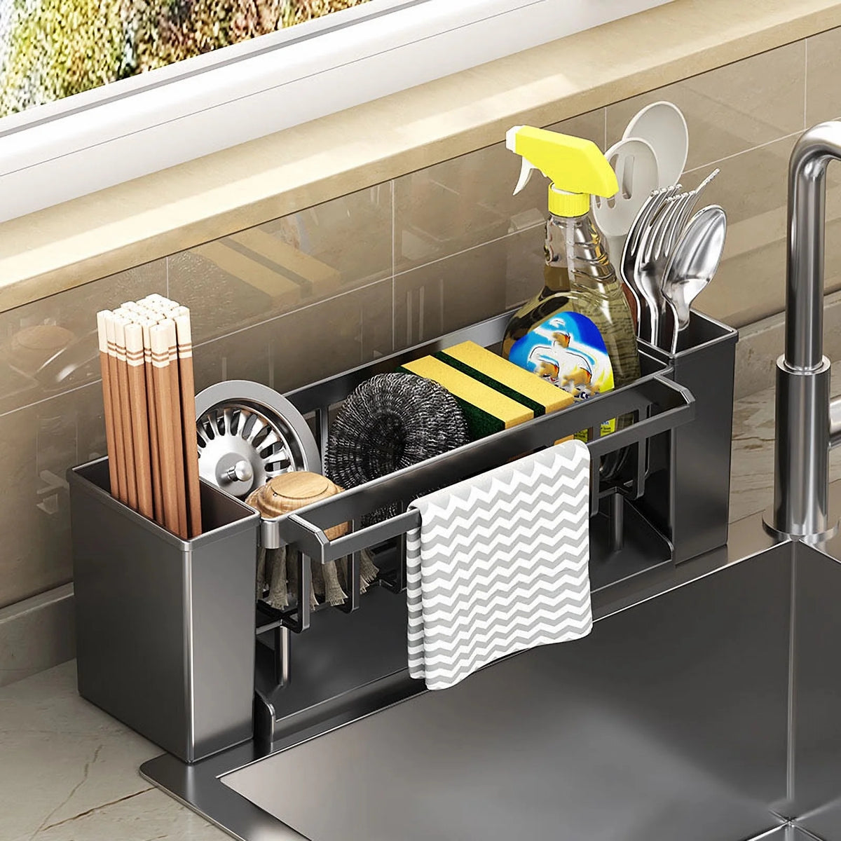 Sink Caddy with Brush Holder - Sponge & Rag Drain Rack for Kitchen and Bathroom Faucets, Everstock