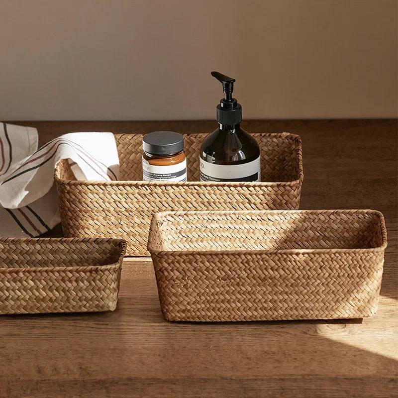 Seagrass Storage Basket - Handwoven Rectangular Organizer for Bathroom Counter, Shelf and Kitchen Sundries, Everstock