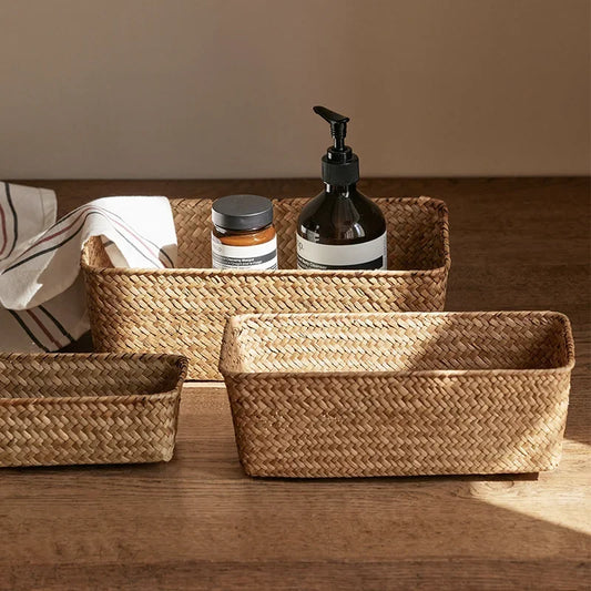 Seagrass Storage Basket - Handwoven Rectangular Organizer for Bathroom Counter, Shelf and Kitchen Sundries, Everstock