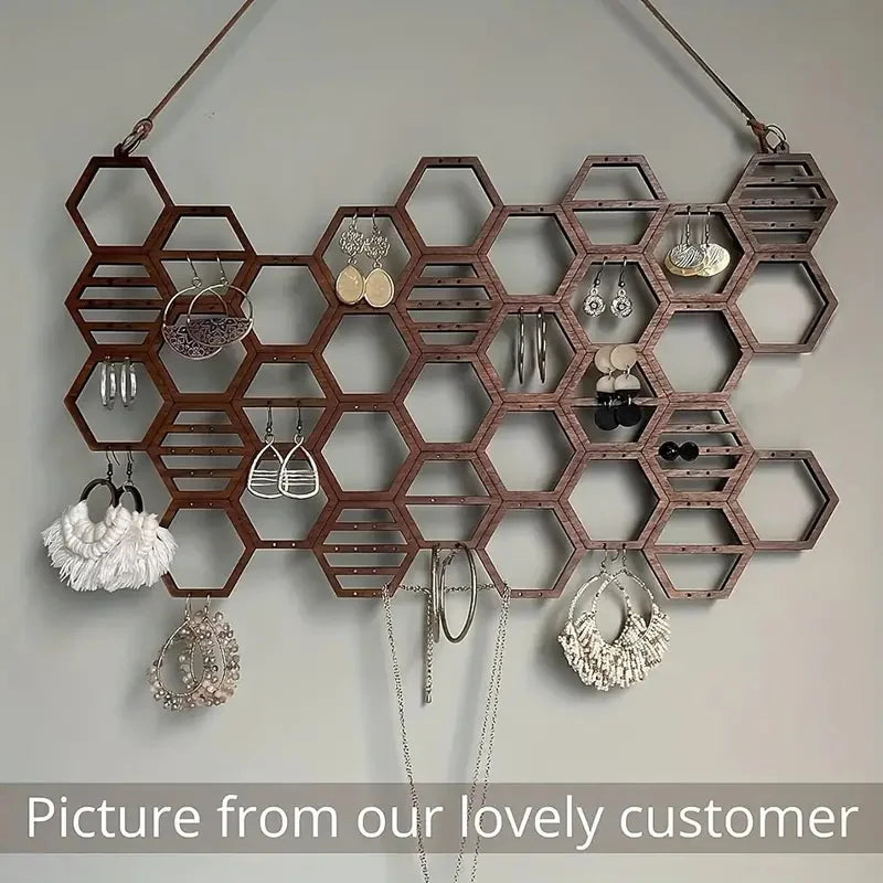 Honeycomb Earring Organizer - Wall-Mounted Wooden Jewelry Display Rack for Bedroom & Vanity, Everstock