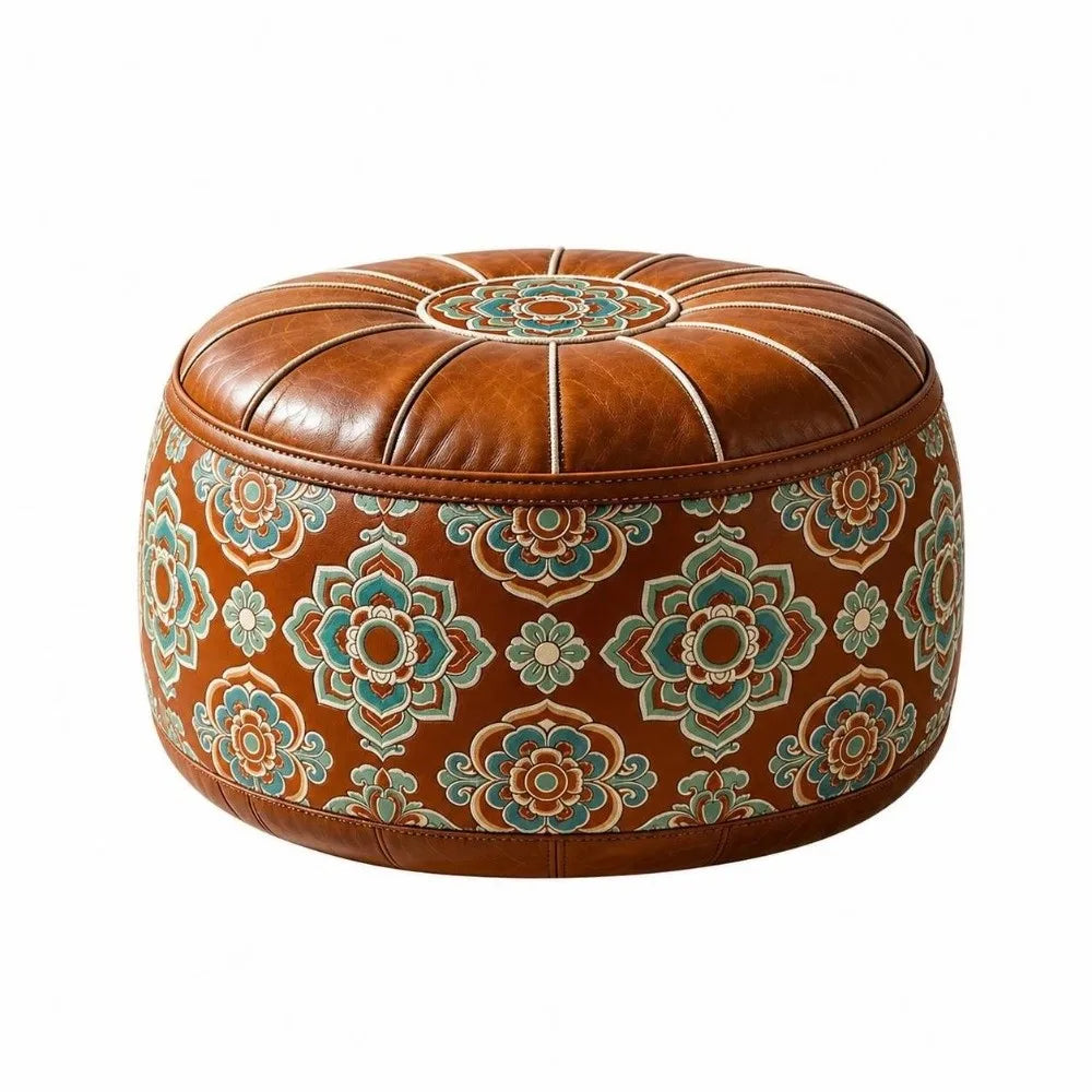 Fillable Storage Ottoman Pouf - Round Moroccan PU Leather Floor Seat, 53 x 53 x 35cm, for Living Room, Everstock
