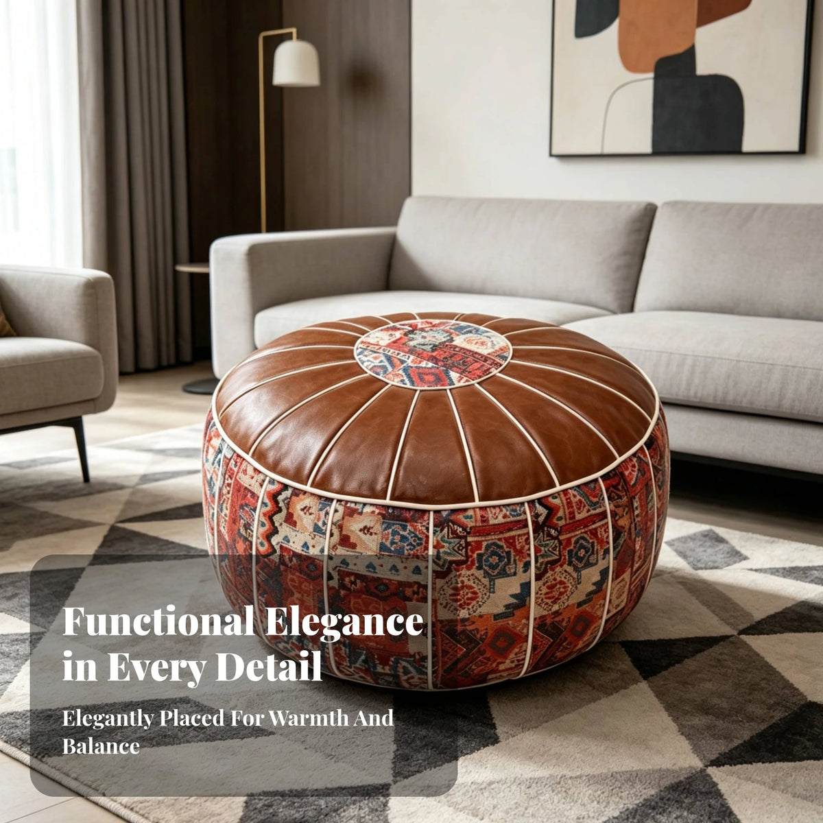 Bohemian Round Storage Ottoman - Water-Resistant Faux Leather Top, Embroidered Body, Zip-Access Footstool, Everstock