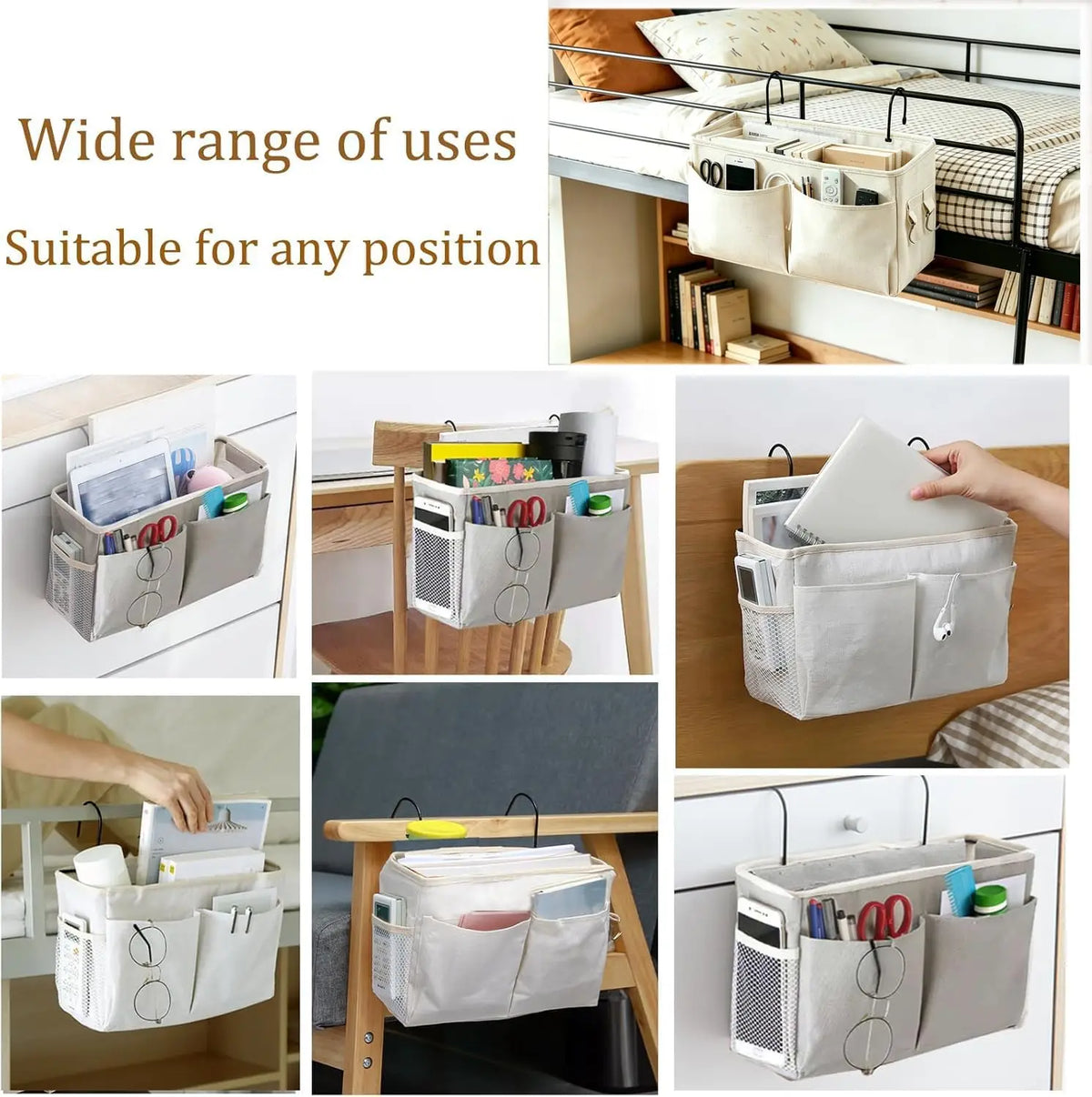 Bed Rail Hanging Organizer - Canvas Bedside Basket with Iron Frame for Books, Phones and Remotes, Everstock