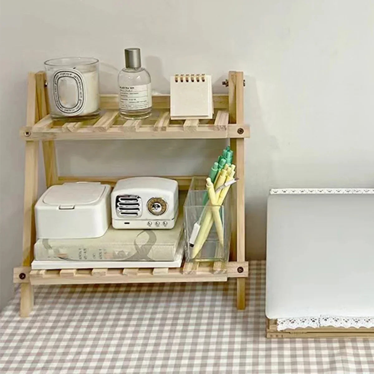 Wooden Desk Organizer Shelf - 2-Tier Folding Wood Storage Rack for Stationery, Books & Dorm Desktops, Everstock
