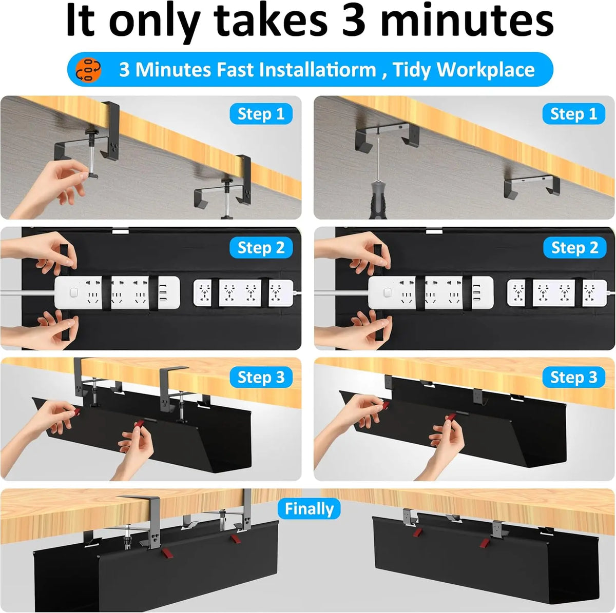 Under-Desk Cable Management Tray - Clamp or Screw Mount Cord Tray for Desks and Standing Desks, Everstock