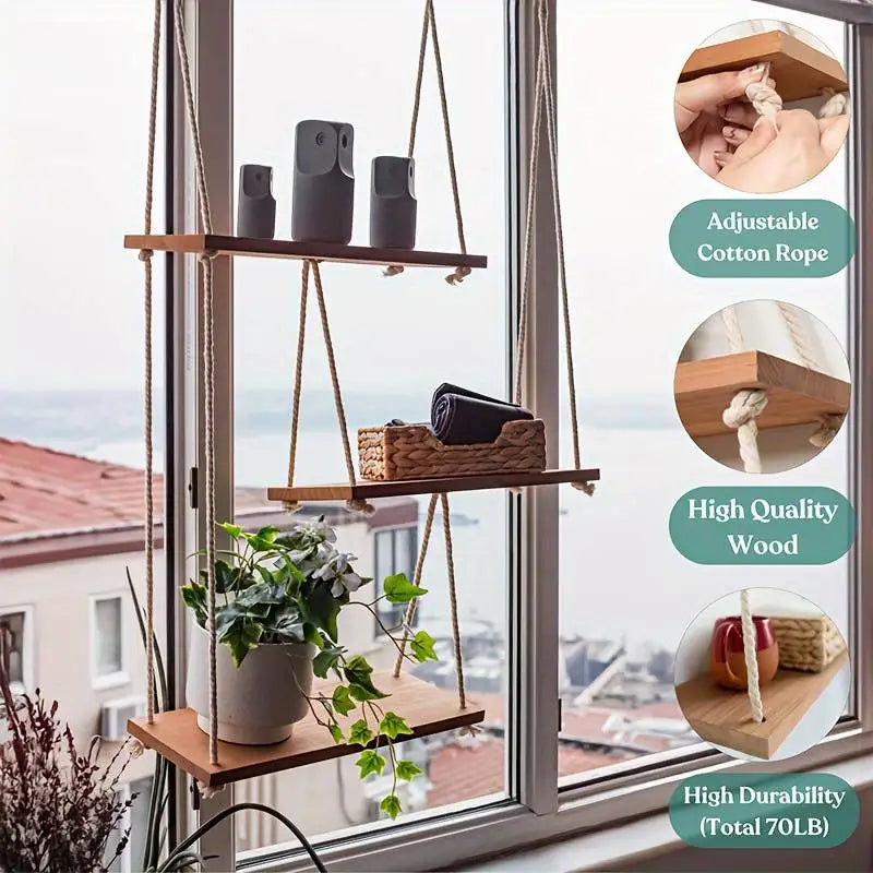 3-Tier Hanging Wall Shelf - Adjustable Macrame Wood Plant Shelf for Living Room and Bedroom, Everstock