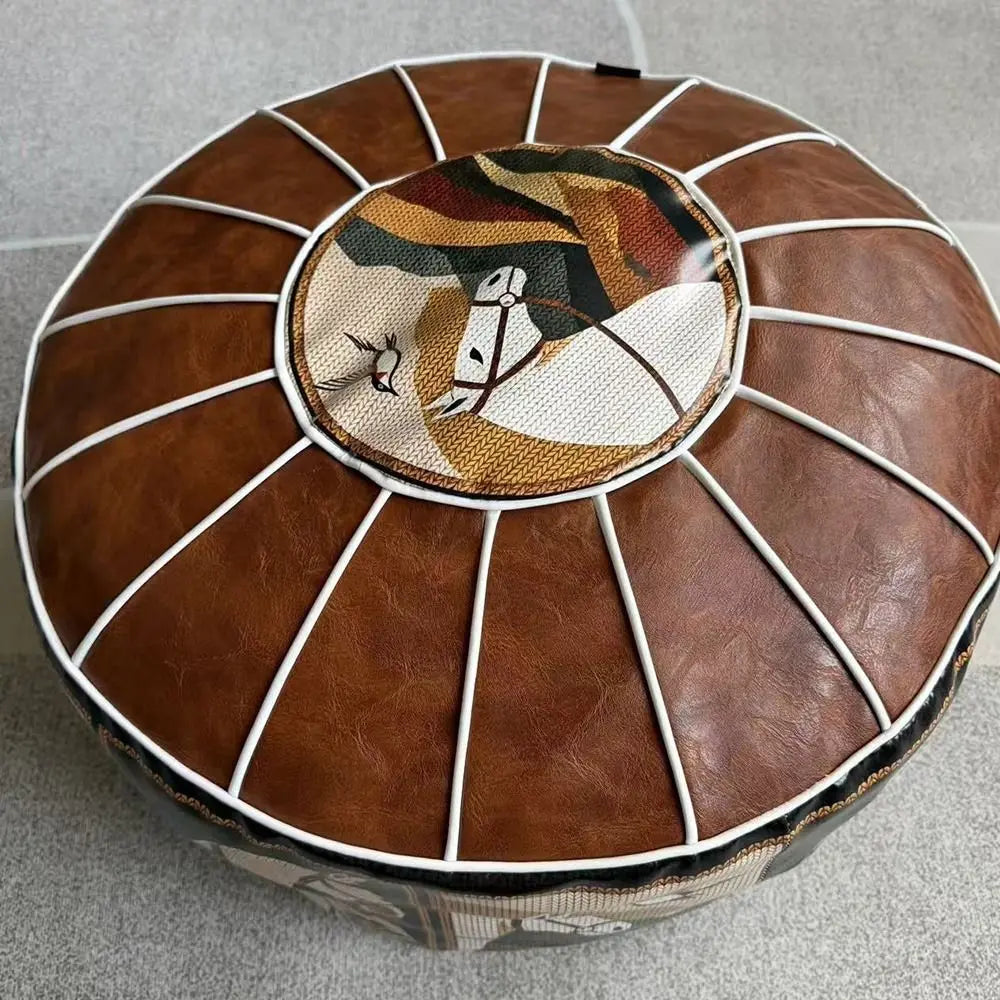 Round Storage Ottoman Pouf Cover - Fillable PU Leather Floor Seat with Boho Pattern, 53 x 35cm, Everstock