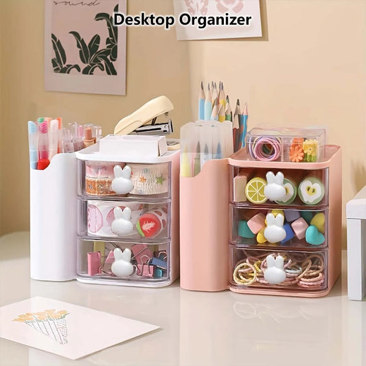 Desk Organizer with Drawer - PP Dust-Proof Stationery Storage Box for Office Supplies & Cosmetics, Everstock