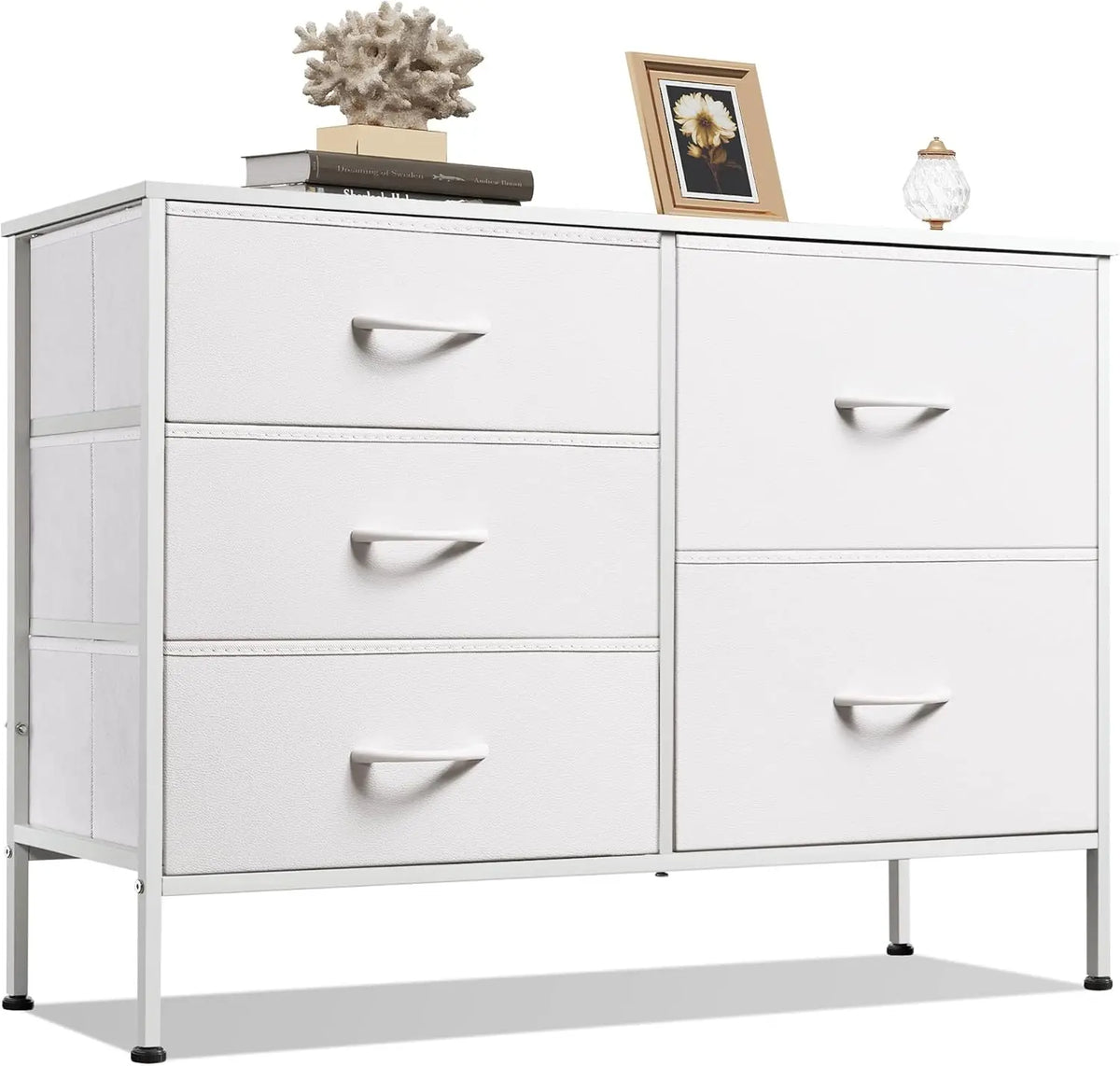Fabric Chest of Drawers, 5 Bins - Metal-Frame Bedroom Storage Tower with Wood Top and Pull Handles, Everstock