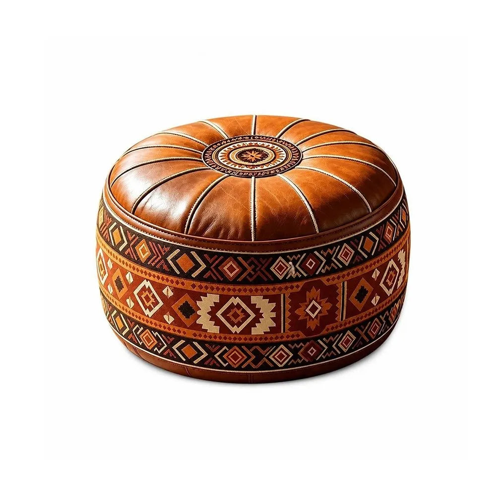 Fillable Storage Ottoman Pouf - Round Moroccan PU Leather Floor Seat, 53 x 53 x 35cm, for Living Room, Everstock