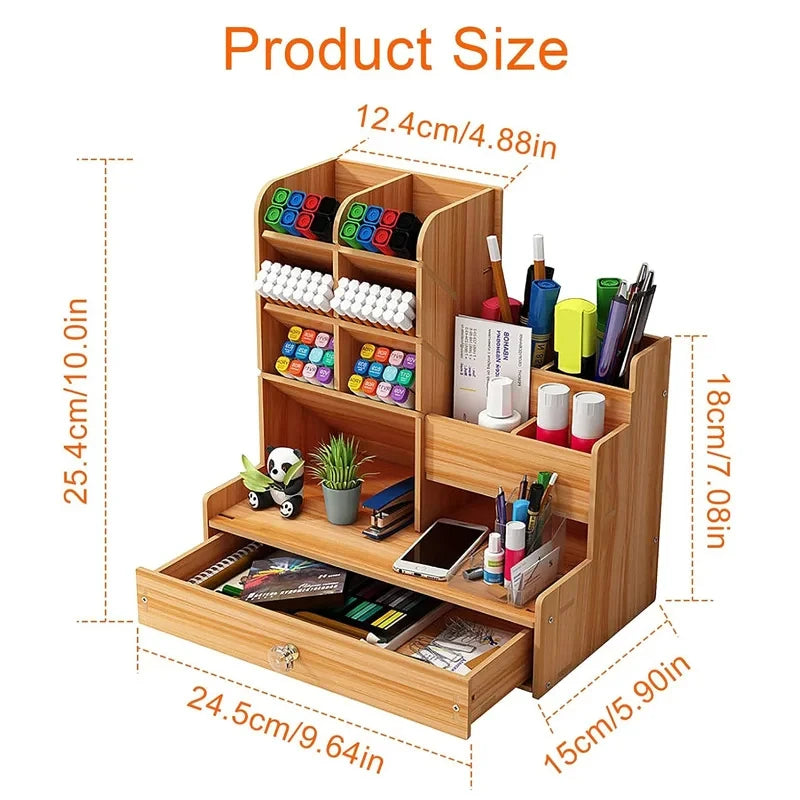Wooden Desktop Organizer with Drawer - Large-Capacity Stationery Storage for Home & Office, Everstock