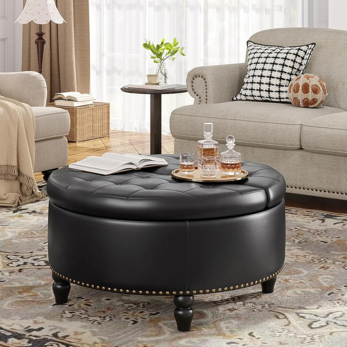 Round Lift-Top Storage Ottoman - PU Leather Coffee Table with Button-Tufted Seat and Wooden Legs for Living Room, Everstock