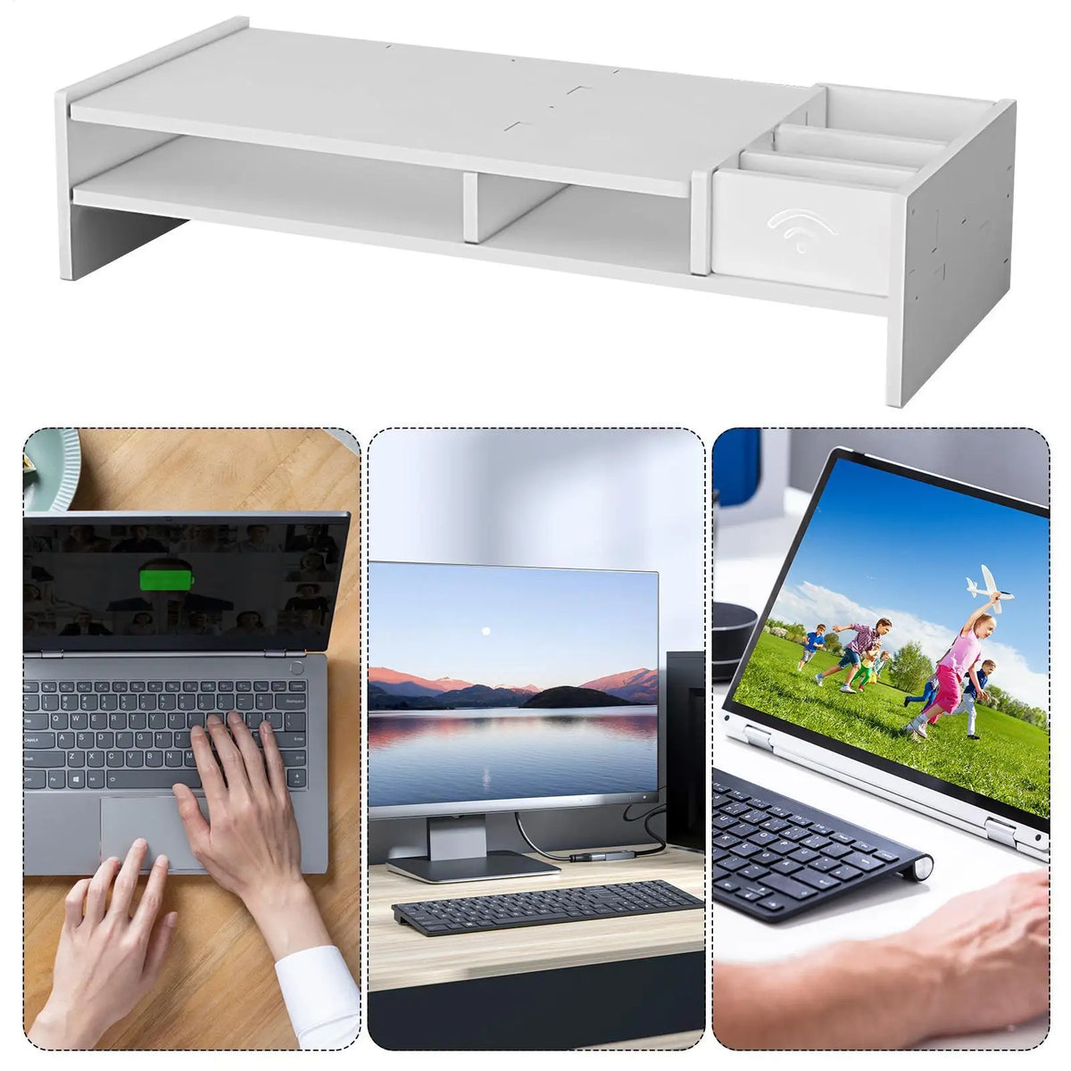 Monitor Riser with 3-Tier Shelf - Wood Desk Organizer Stand for Screens, Books and Study or Gaming Desks, Everstock