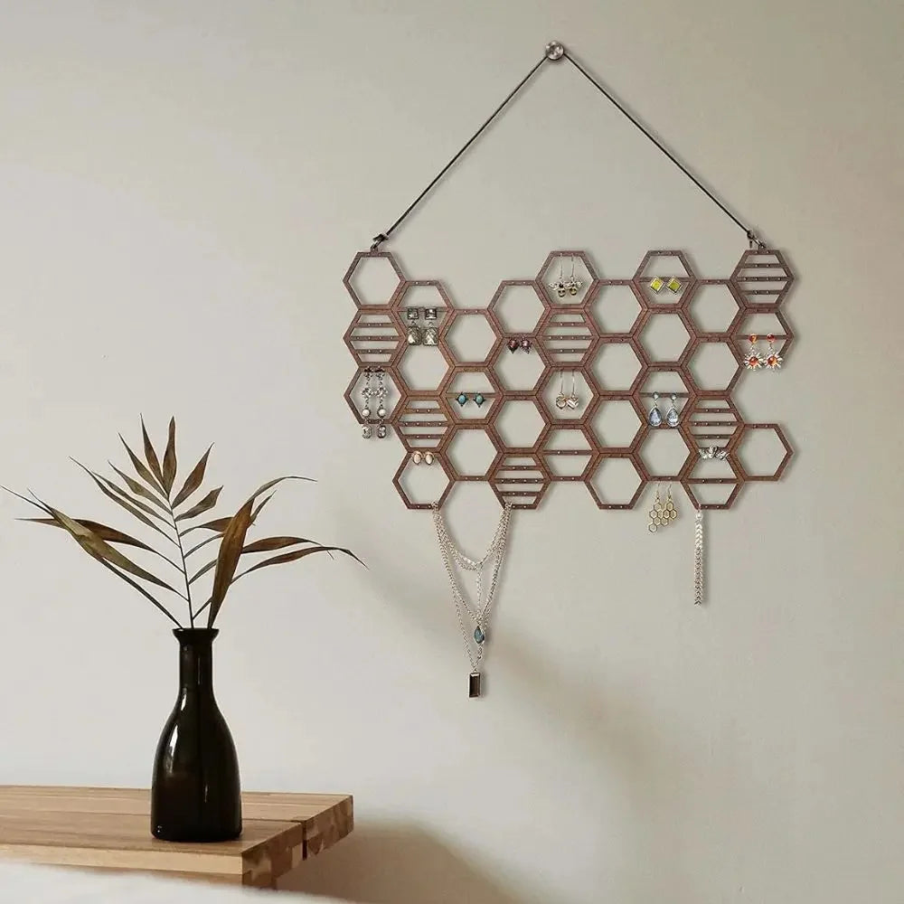 Honeycomb Earring Organizer - Wall-Mounted Wooden Jewelry Display Rack for Bedroom & Vanity, Everstock