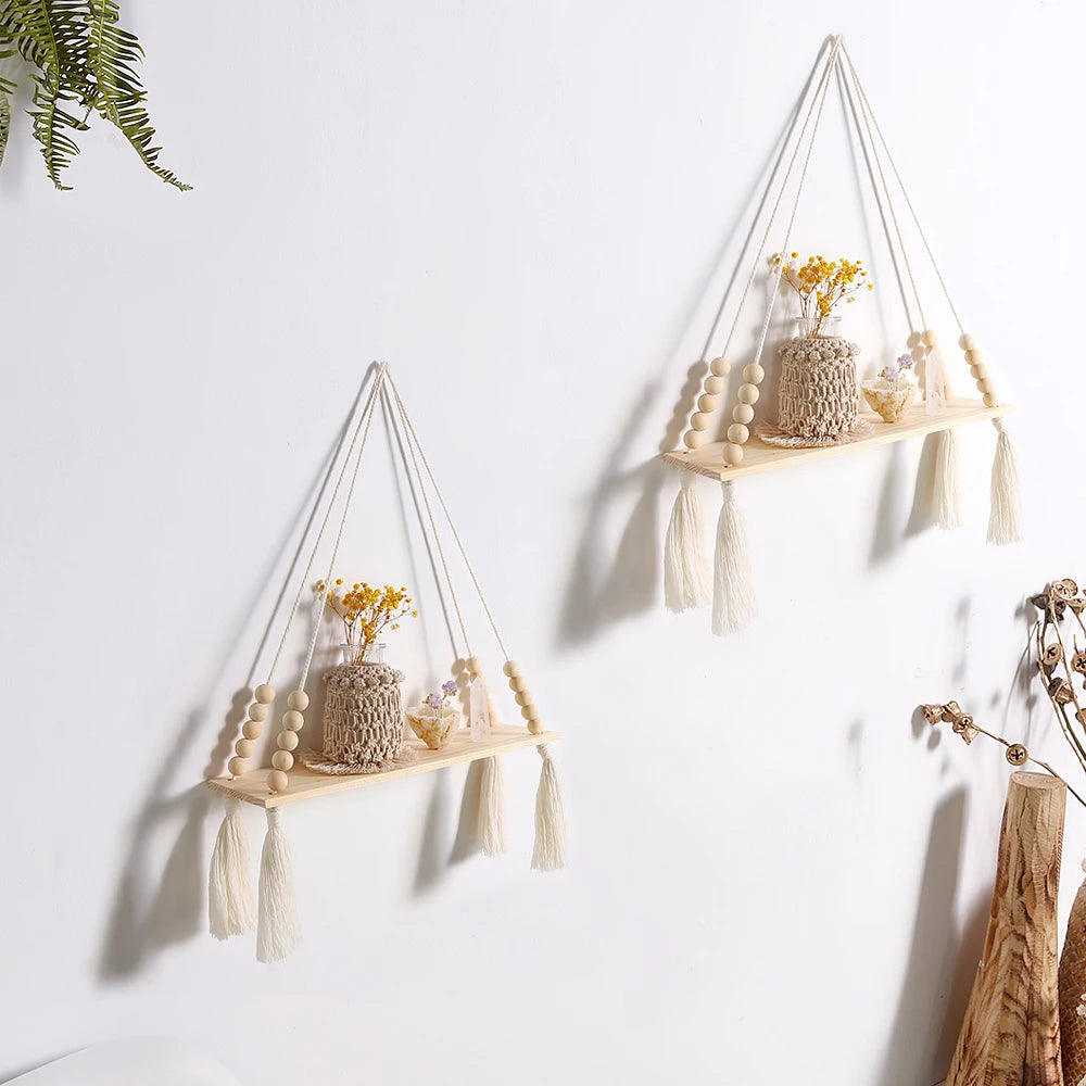 Boho Macrame Wall Shelf 2 Pack - Natural Recycled Wood Hanging Display Shelves with Bead Trim, Everstock