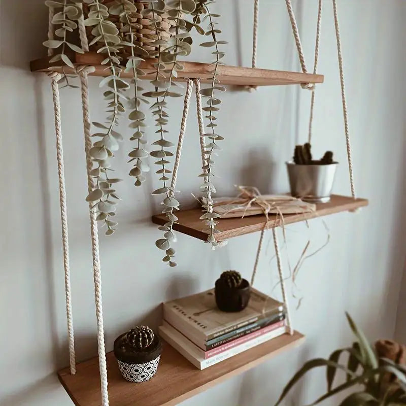 3-Tier Hanging Wall Shelf - Adjustable Macrame Wood Plant Shelf for Living Room and Bedroom, Everstock