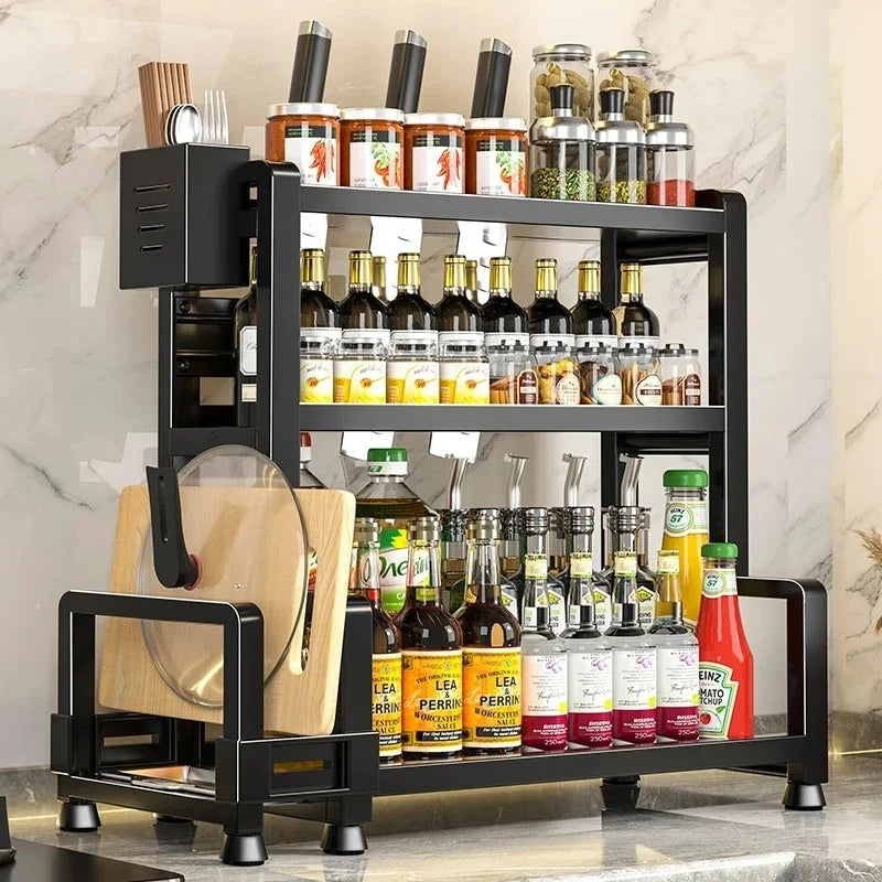 Countertop Spice Shelf - 3-Tier Steel Rack with Knife Slot and Hanging Hooks for Kitchen Storage, Everstock