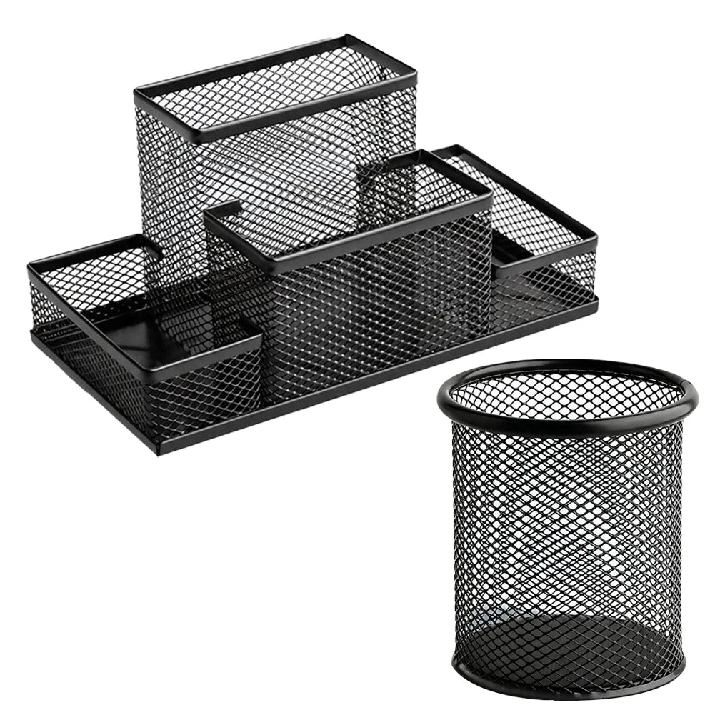 Mesh Desk Organizer with 4 Compartments - Powder-Coated Black Metal Caddy, 8.27 x 4.33 x 3.94 in, for Desktops, Everstock